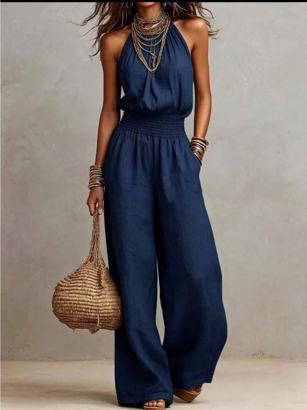 SHEIN Navy Blue Halter Smocked-Waist Wide-Leg Jumpsuit